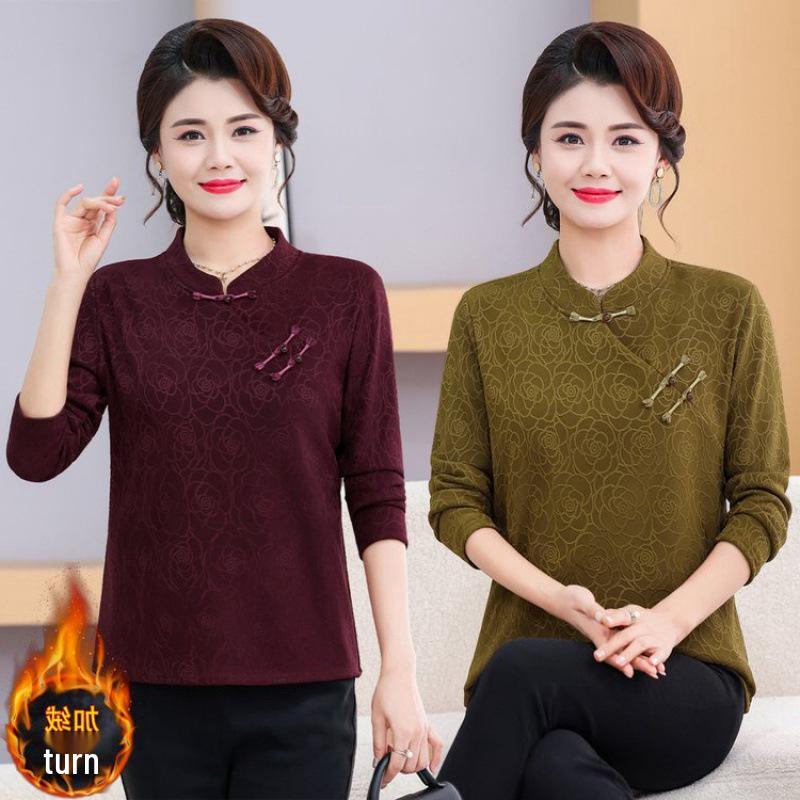 Mid-aged & Elderly Women's Velvet Qipao Top - Warm Winter Layer with Stylish Frog Buttons, Age-Defying Stand Collar