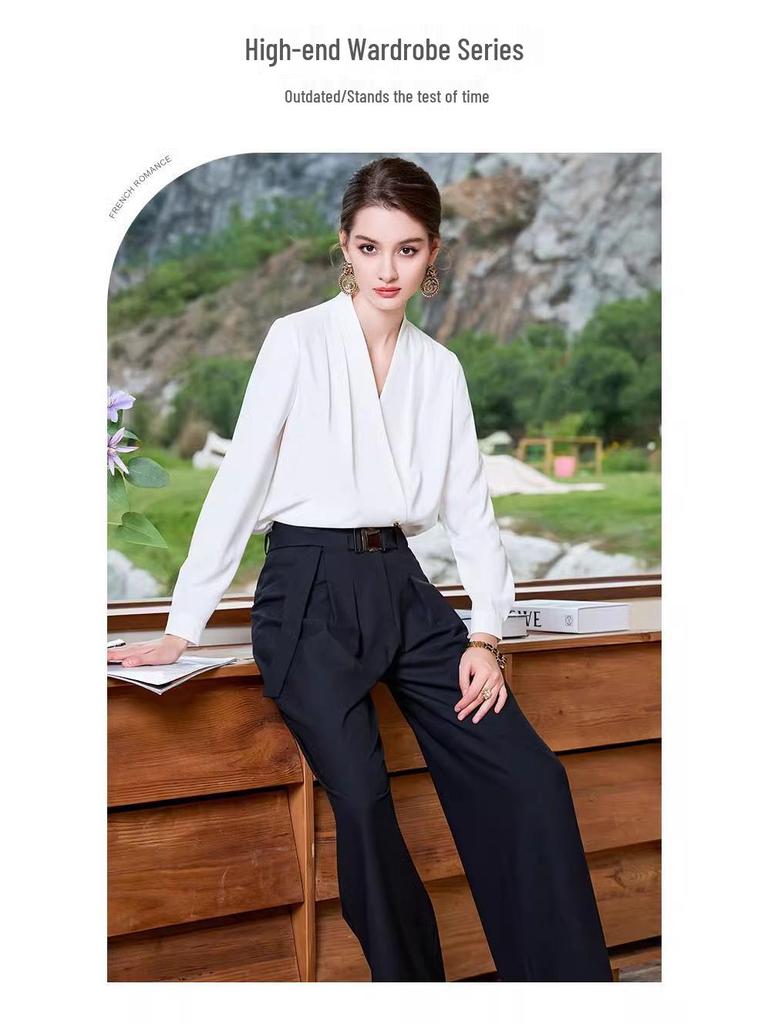 Stylish Long-Sleeve French White Top with Wide-Leg Pants Two-Piece Set for Women
