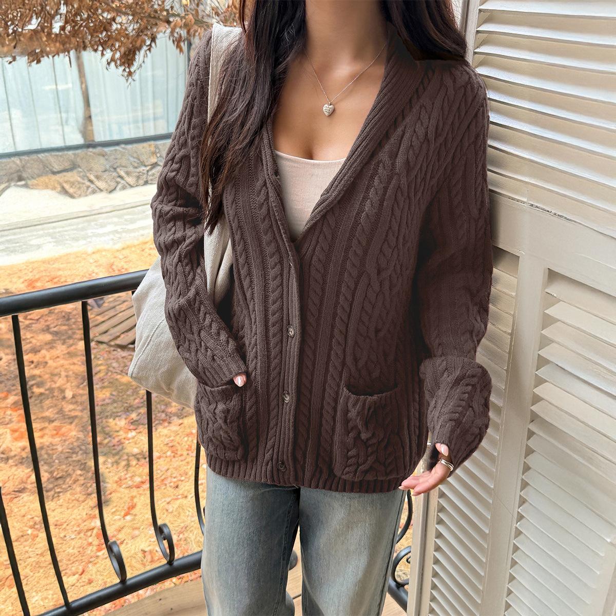 

Cream Cable Knit V-Neck Cardigan with Buttons and Pockets S коричневый