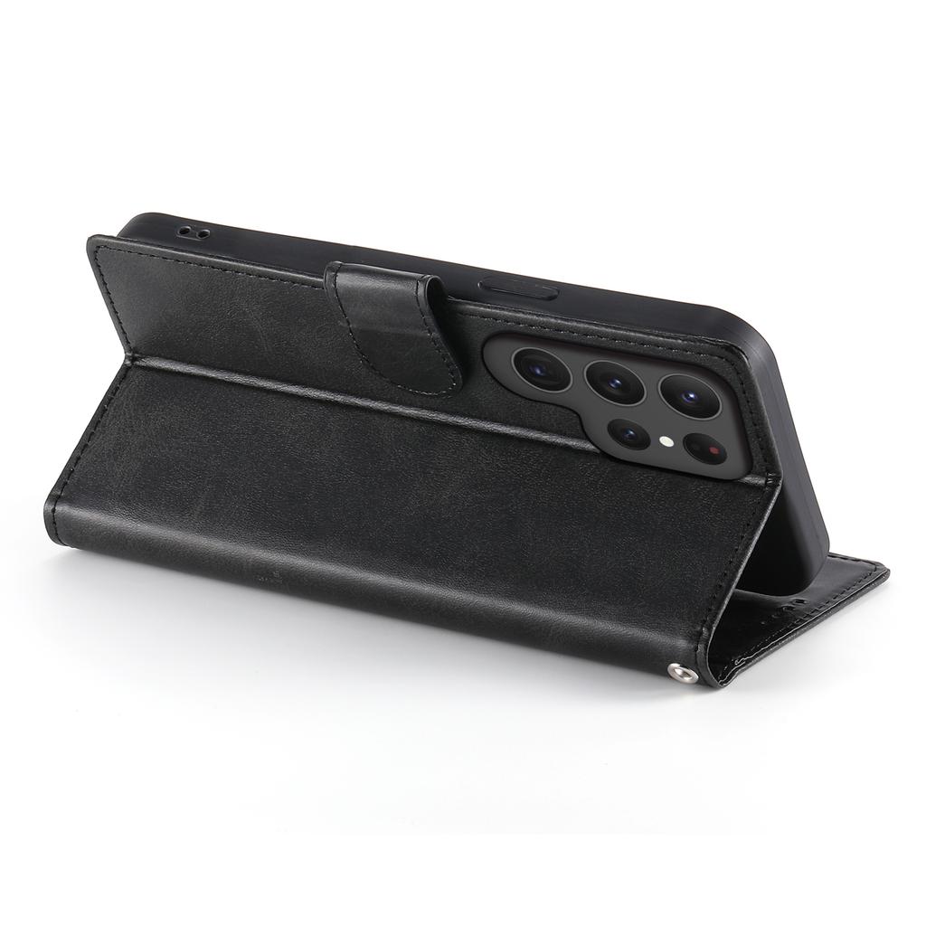 Etui Portfel z Podstawką na Samsung Galaxy S25 Ultra, Tekstura Skóry Cielęcej, PU Skóra, Klapka z Paskiem na Nadgarstek