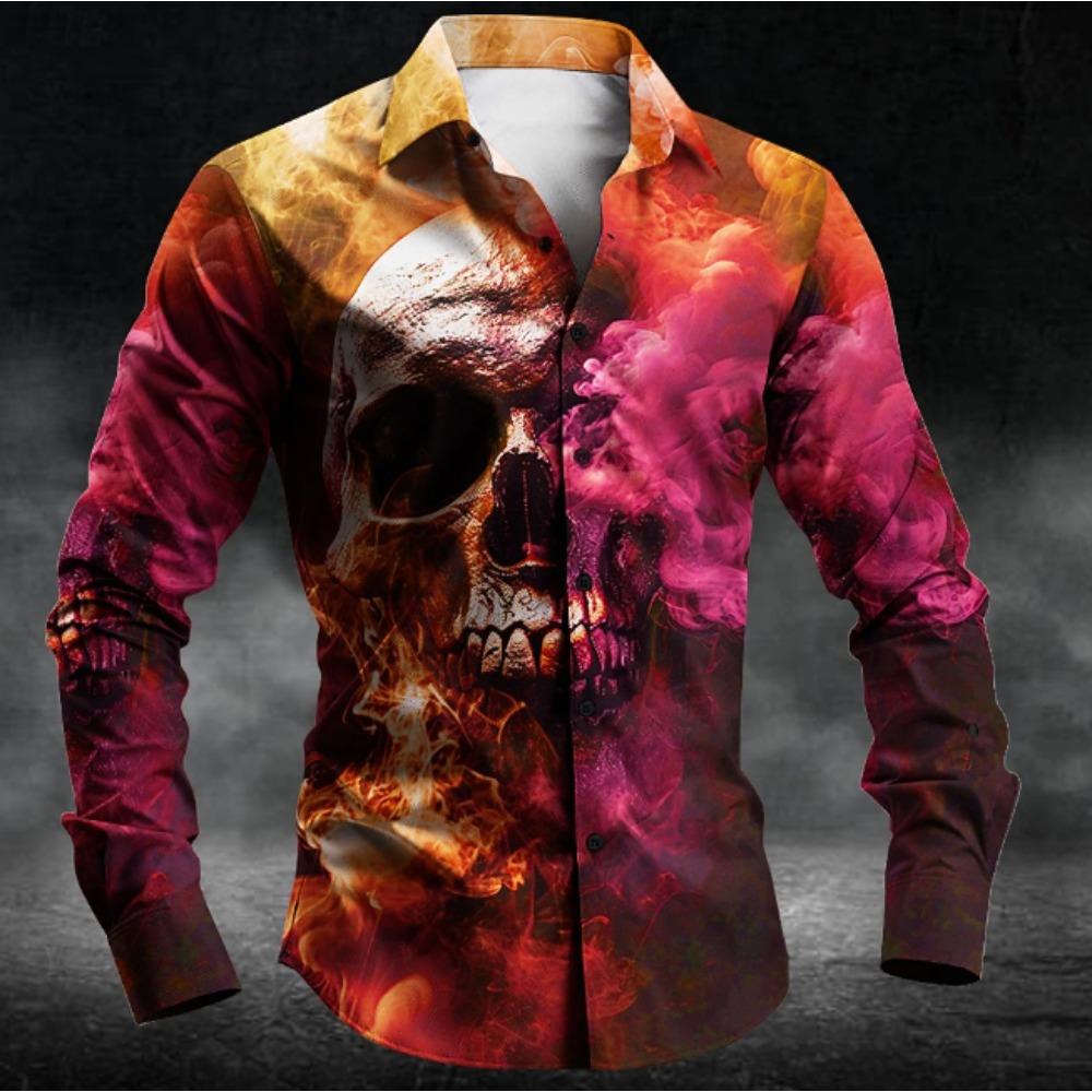 Men's Skeleton Printed Long Sleeve Shirts Casual Cardigan New Button Holiday Fashion Shirts