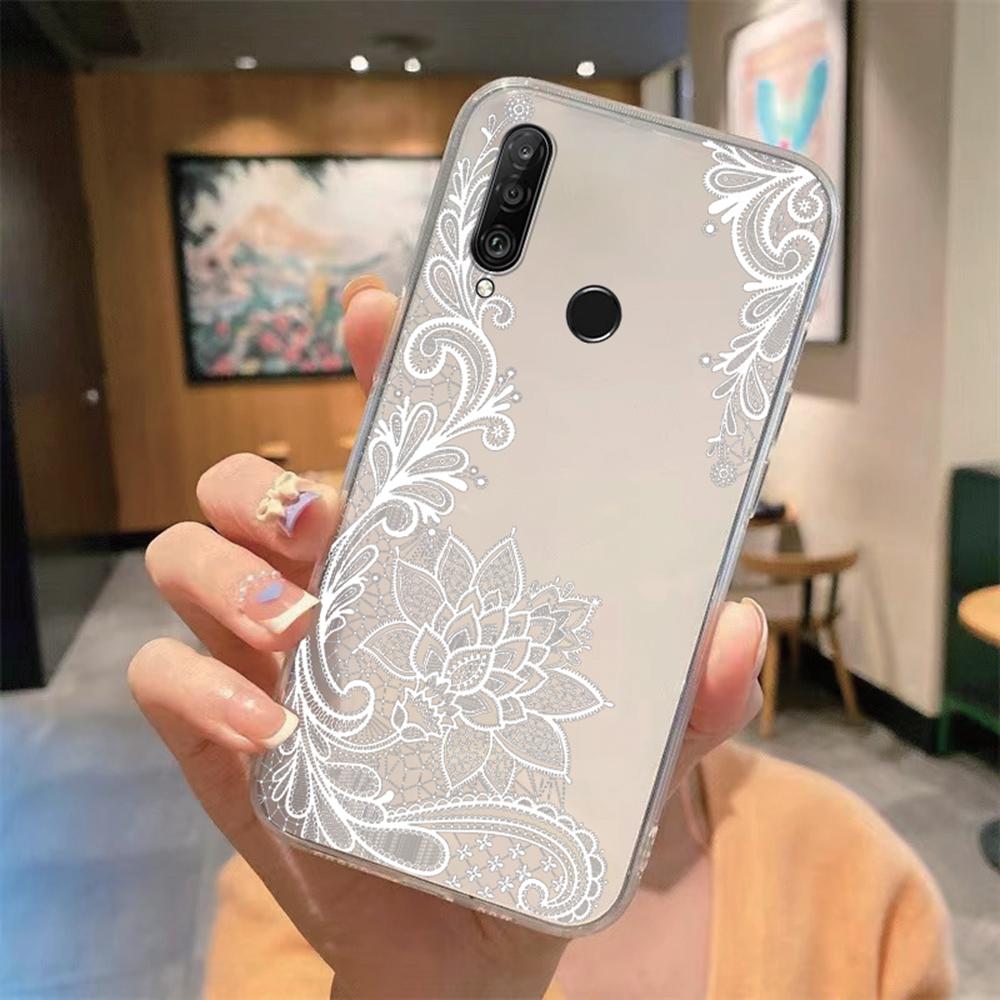 Flower Romantic Lace Pattern Phone Case For Huawei P30 P20 Lite Mate 20 Y6 Y7 P Smart 2019 Honor 20 50 Clear Transparent Cover