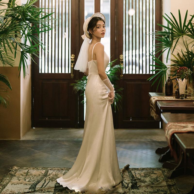 Light Wedding Dress Camisole Style 1011 New Bridal Wedding Toast Dress, Satin Minimalist Forest Style Travel Photography Studio
