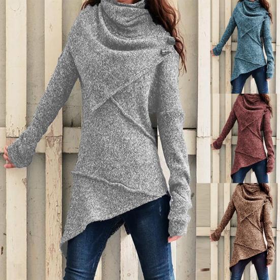 Vintage Women Autumn Winter Turtleneck Knitted Sweater Irregular Hem Slim Jumper