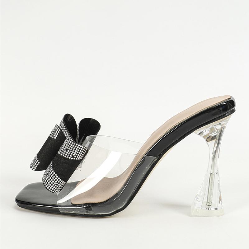Summer Transparent Perspex High Heels Slippers Sexy Street Woman Square Toe Dress Shoes Crystal Bowknot Designer Sandals