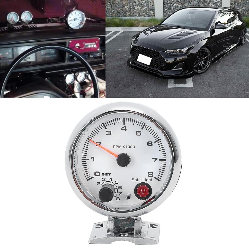 Tachometer 12V for 4/6/8 Cylinder Gasoline Vehicles, 0-8000 RPM, 3.75in, 7 Color Background Lights, Chrome Bracket, White Face