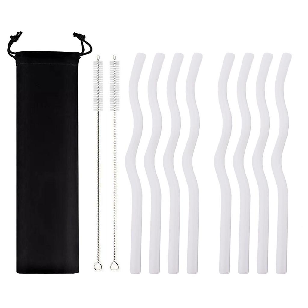 Wavy Glass Straws 11pcs Multicolor Reusable Glass Drinking Straws with Black Pouch for Drinking Beverages Coffee Milk Tea