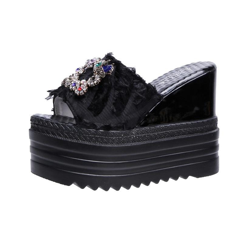 High-heeled wedge slippers summer rhinestone cloth surface fish mouth muffin thick bottom one-word drag
