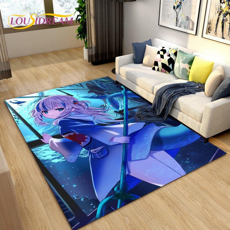 Gawr Gura Hololive Roztomilý Anime Žralok Oblastní Koberec, Kobercový Koberec do Obývacího Pokoje Ložnice Pohovka Dekorace Rohožka, Dětská Protiskluzová Podložka na Podlahu