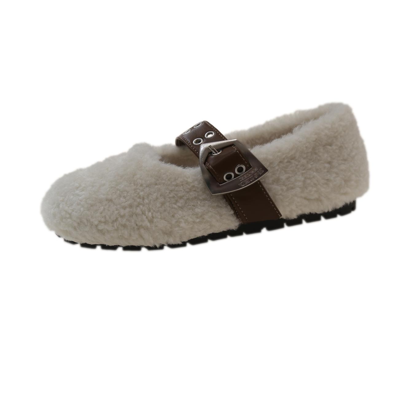 

2024 Дизайнерская весна-осень Женская теплая меховая обувь Модные неглубокие туфли без застежек на плоской подошве с круглым носком Женские туфли Мэри Джейн 40 белый