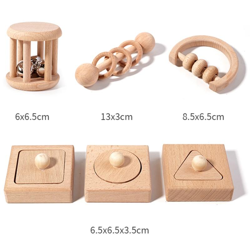 Montessori Puzzle Toys Wooden Geometric Shapes Sorting Baby Toys Wooden Rattles Ring Rattles Sensory Toys Preschool Education