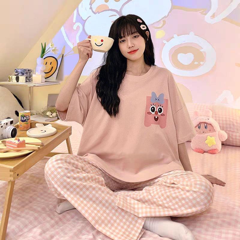 Short-sleeved long pants pajamas women's summer cartoon cute can be worn outside plaid loungewear imitation cotton suit summer thin