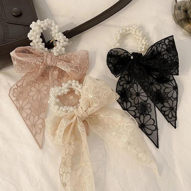 Lace Pearl Hair Ring New French Bow Headrope Temperament Ribbon Tie Hair Band Fairy Ornament Hair Accessories for Women