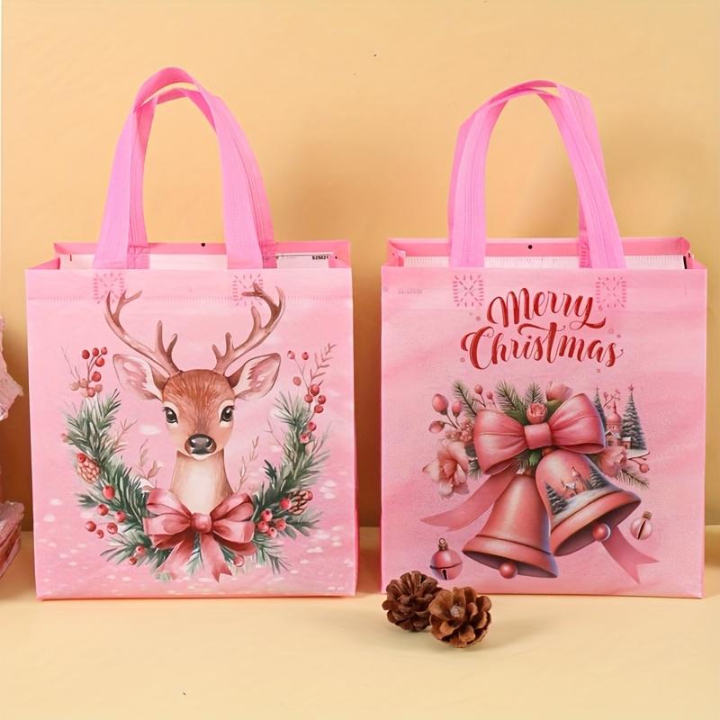 4/8pcs Pink Christmas Tote Bags with Handles,Santa Claus Elk Bell Pattern Reusable Gift Bag,Grocery Shopping Bag,Pink Packaging