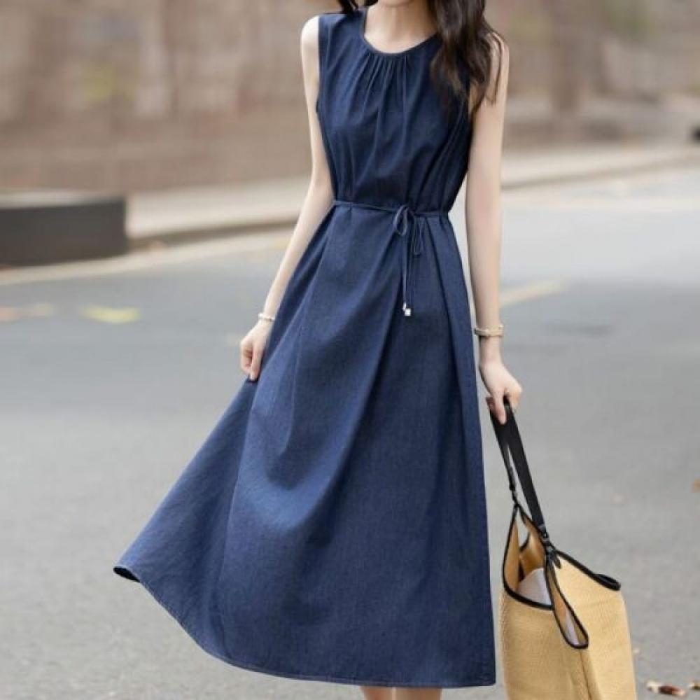 Navava Casual Waist Belt Shirring Round Neck Sleeveless Dress No980