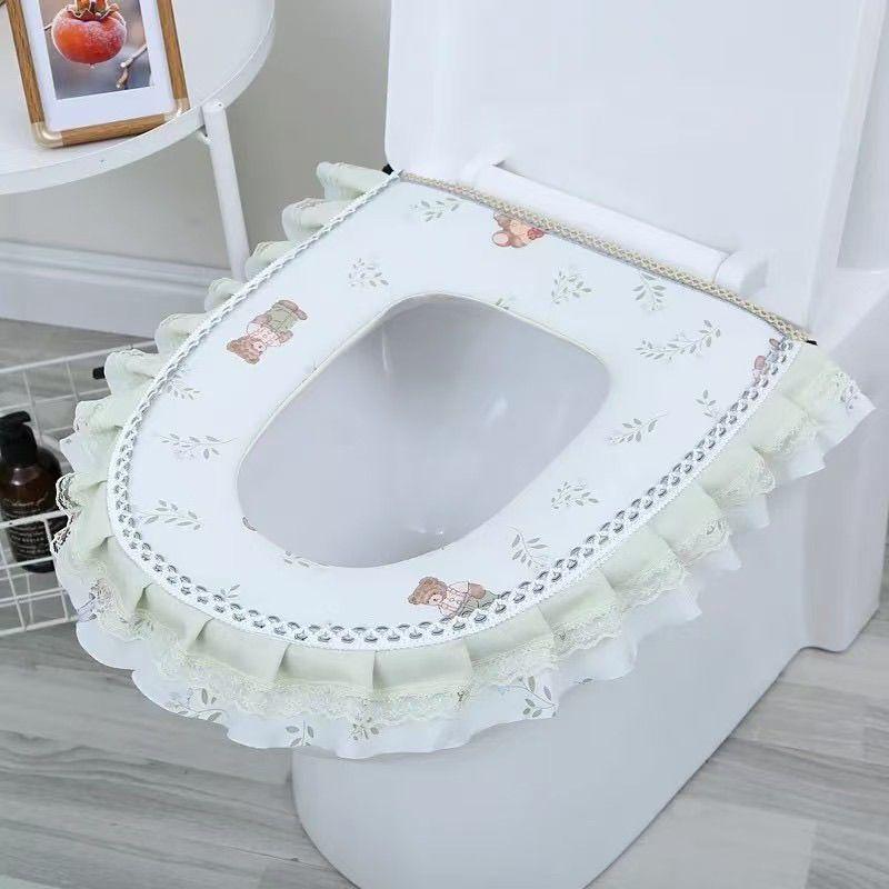 Toilet Seat Zipper, Large Caliber Seat Cushion Warm Seat Cushion All Cotton Lace Washable and Waterproof