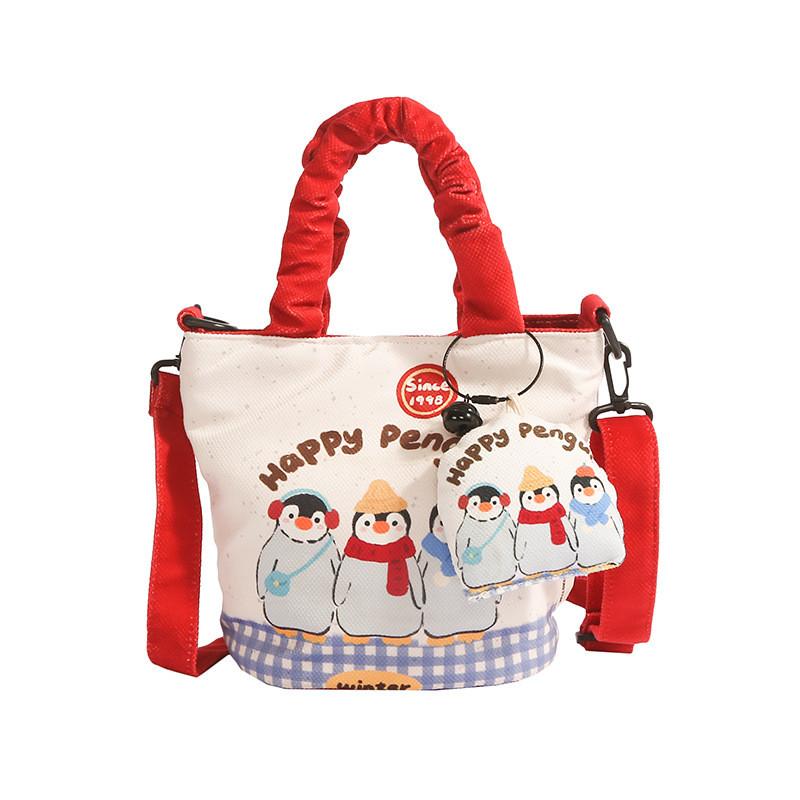 Cute Illustration Dopamine Canvas Small Bucket Bag With Cartoon Penguin And Bear Print Design For Daily Use