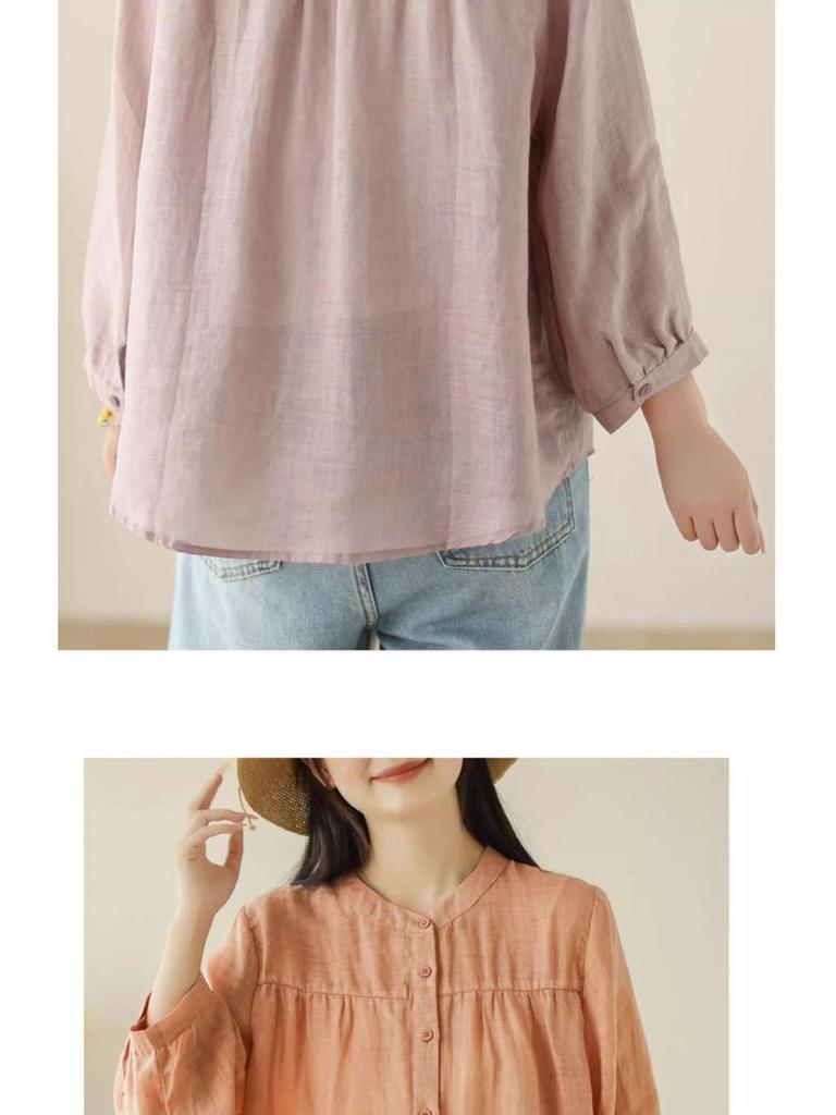 Summer Cotton Linen Casual Women's Blouse - Lightweight, Loose, and Slimming Seven-Sleeve Sunscreen Top