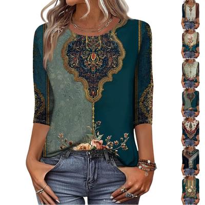 Kadınlar İçin Trend Vintage 3/4 Kollu Üst, Bayan Günlük Üç Çeyrek Kollu Yuvarlak Yaka Baskılı Tişört Bluz