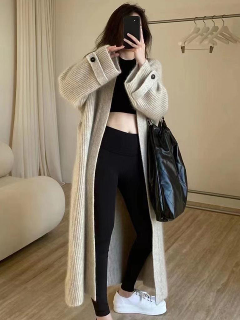 Long Knit Cardigan Sweater Women's New Style Loose Outerwear Korean Lazy Style Top Coat