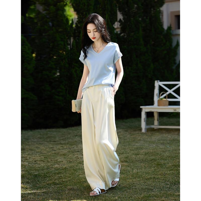Demana Women's Summer V-Neck Lace Trim Mercerized Cotton T-Shirt