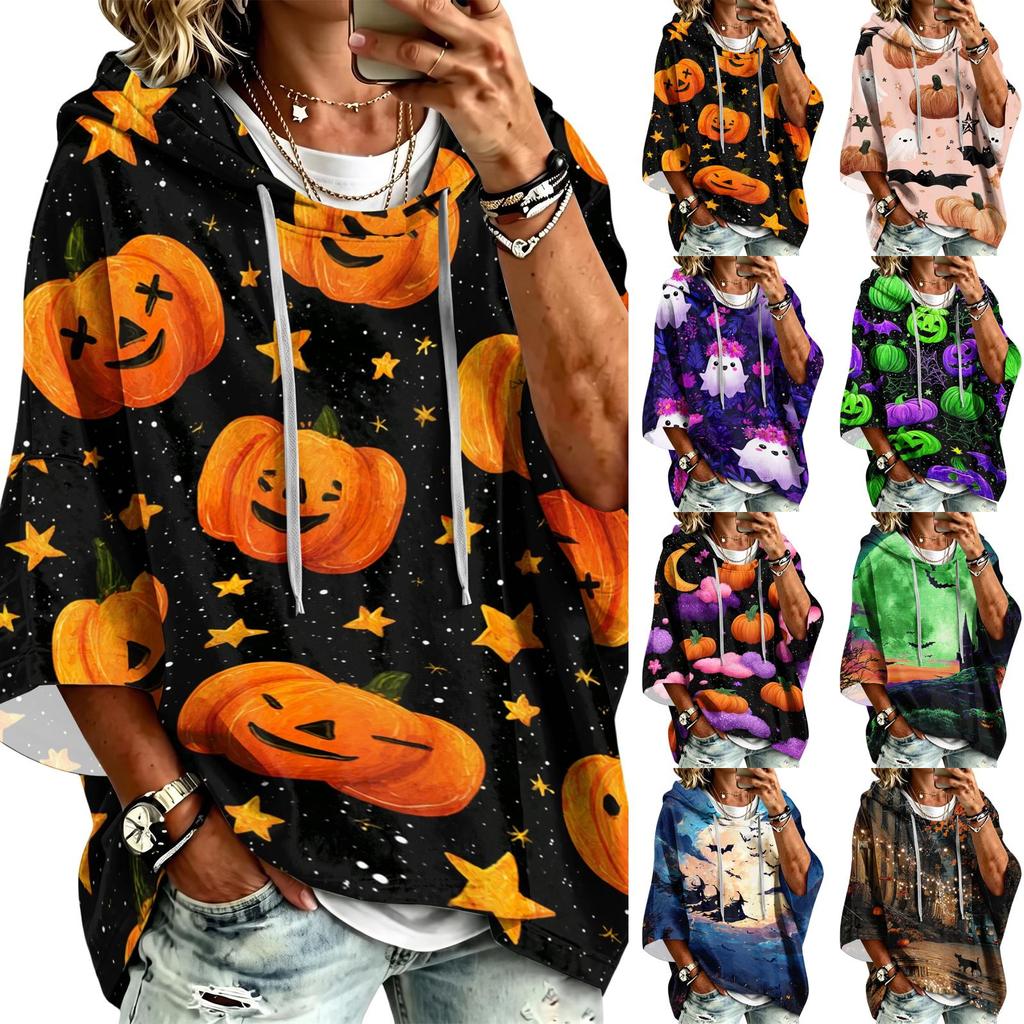 Women's Halloween Print Hooded Pullover Top with 3/4 Sleeves