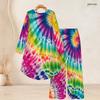 Women Plus Size Two Piece Set Round Neck Long Sleeve Printed High Low Top Wide Leg Pants