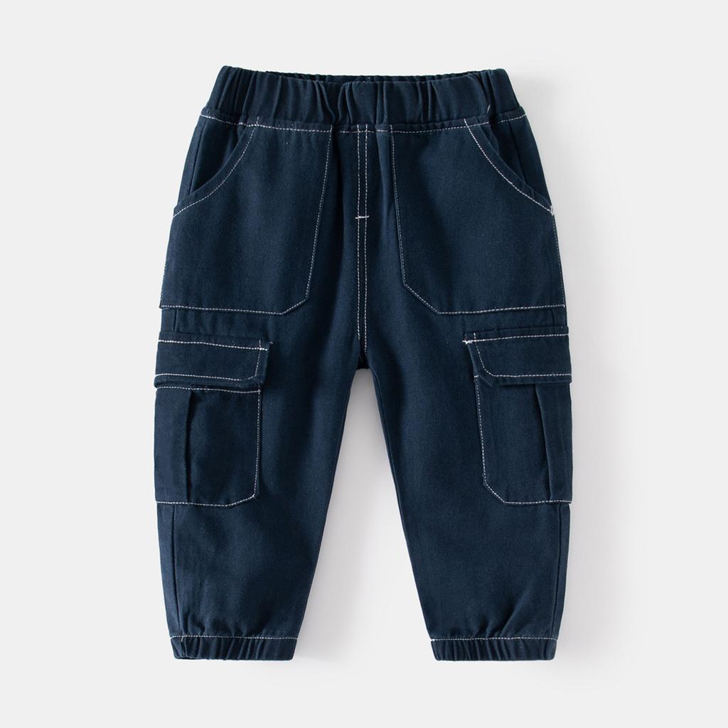 Spring fashion new mid-rise micro-elastic boys' cargo pants navy blue side folding pockets for children and children