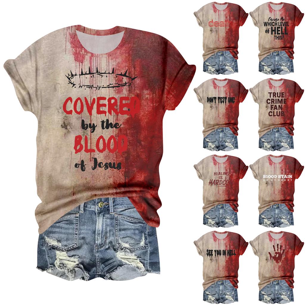 Women's Casual Round Neck Halloween Print Short Sleeve T-Shirt Top