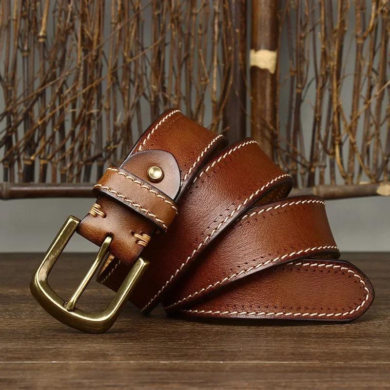 3.8CM Pure Cowhide High Quality Genuine Leather Belts for Men Korean Version Strap Male Brass Buckle Fancy Vintage Jeans Cowboy