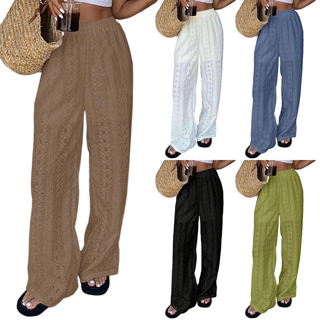 Women's Color Hollow Embroidered Casual Elastic Waist Pants