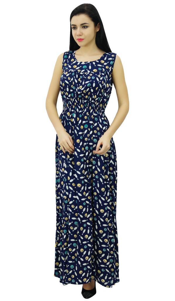 Bimba Women's Smocked Waist Maxi Dress Bowling Print Casual Summer Rayon