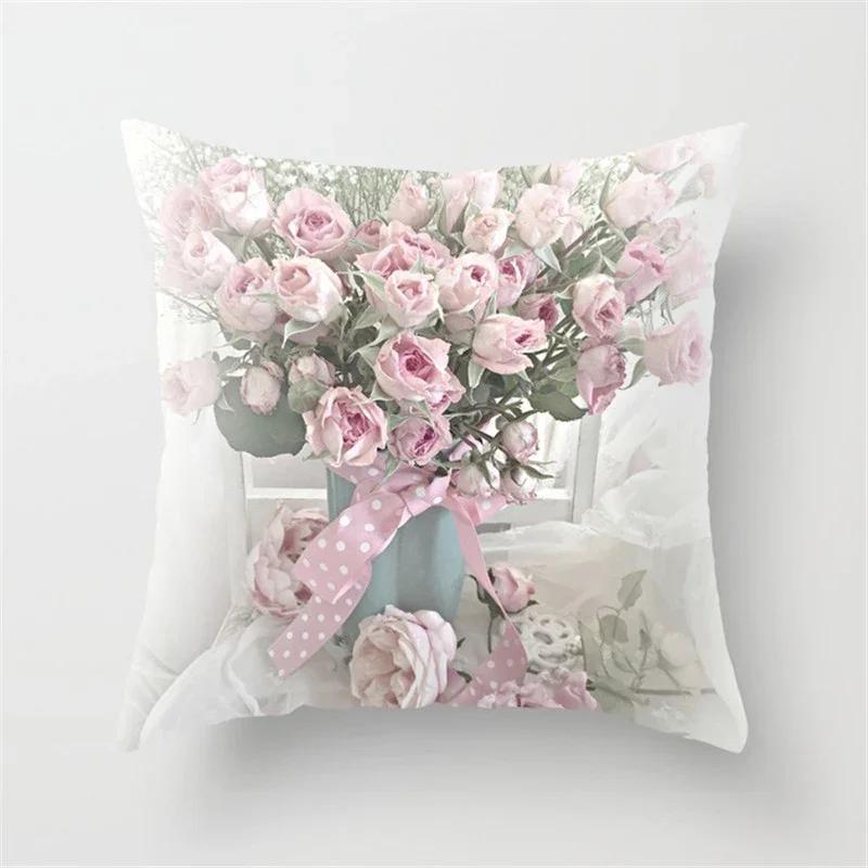 Pink Rose Flower Pattern Decorative Cushions Pillowcase Polyester Cushion Cover Throw Pillow Sofa Decoration Pillowcover 87