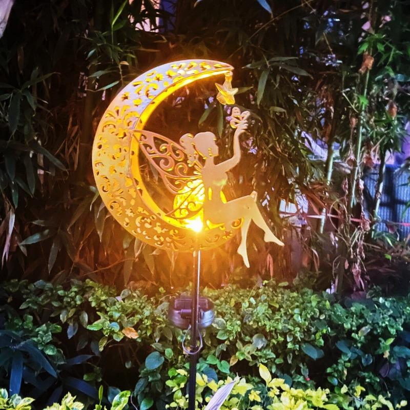 Solar Powered Garden Statues Outdoor Decor Fairy Moon Figurine LED Light Stake Ornament for Patio Lawn Yard Pathway Sweet Gift