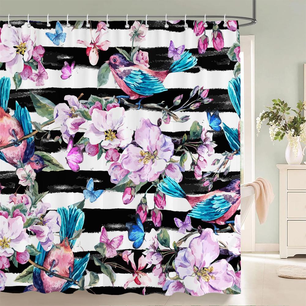 Black White Stripes Flowers Butterfly Pattern Shower Curtain 3D Bath Screen Waterproof Fabric Bathroom Decor Shower Curtains