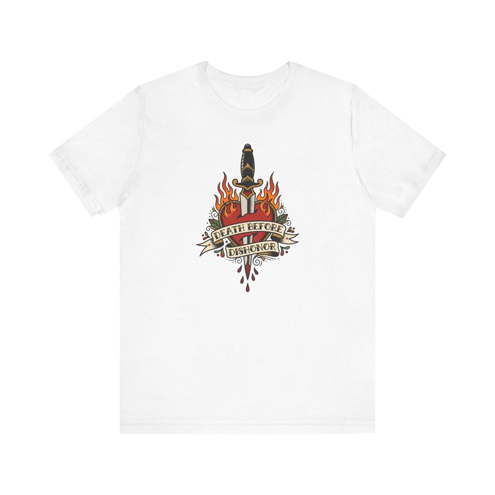 Dagger and Flames Death Before Dishonor T-Shirt | Tattoo Style Graphic Tee 2XL