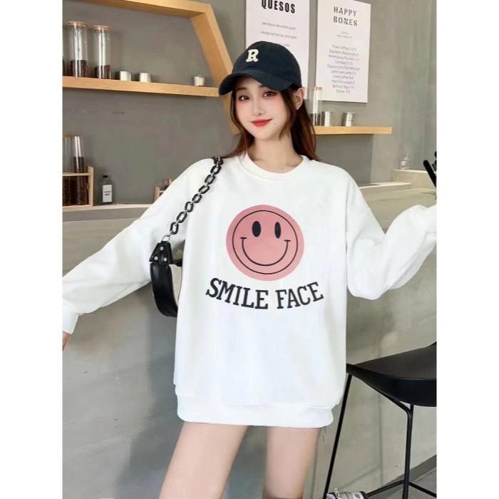 Smiley face print long-sleeved crew neck sweater women's loose casual large size simple and cute age-reducing women's