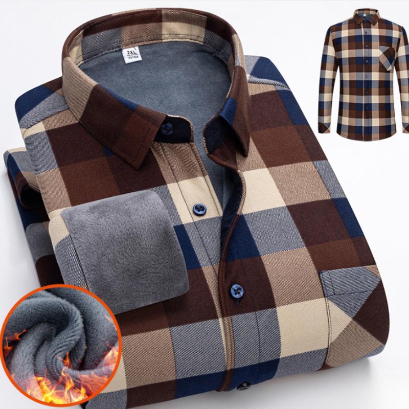 Autumn and Winter Thickened Men's Plaid Long-sleeved Warm Turn-down Collar Button Shirt Classic