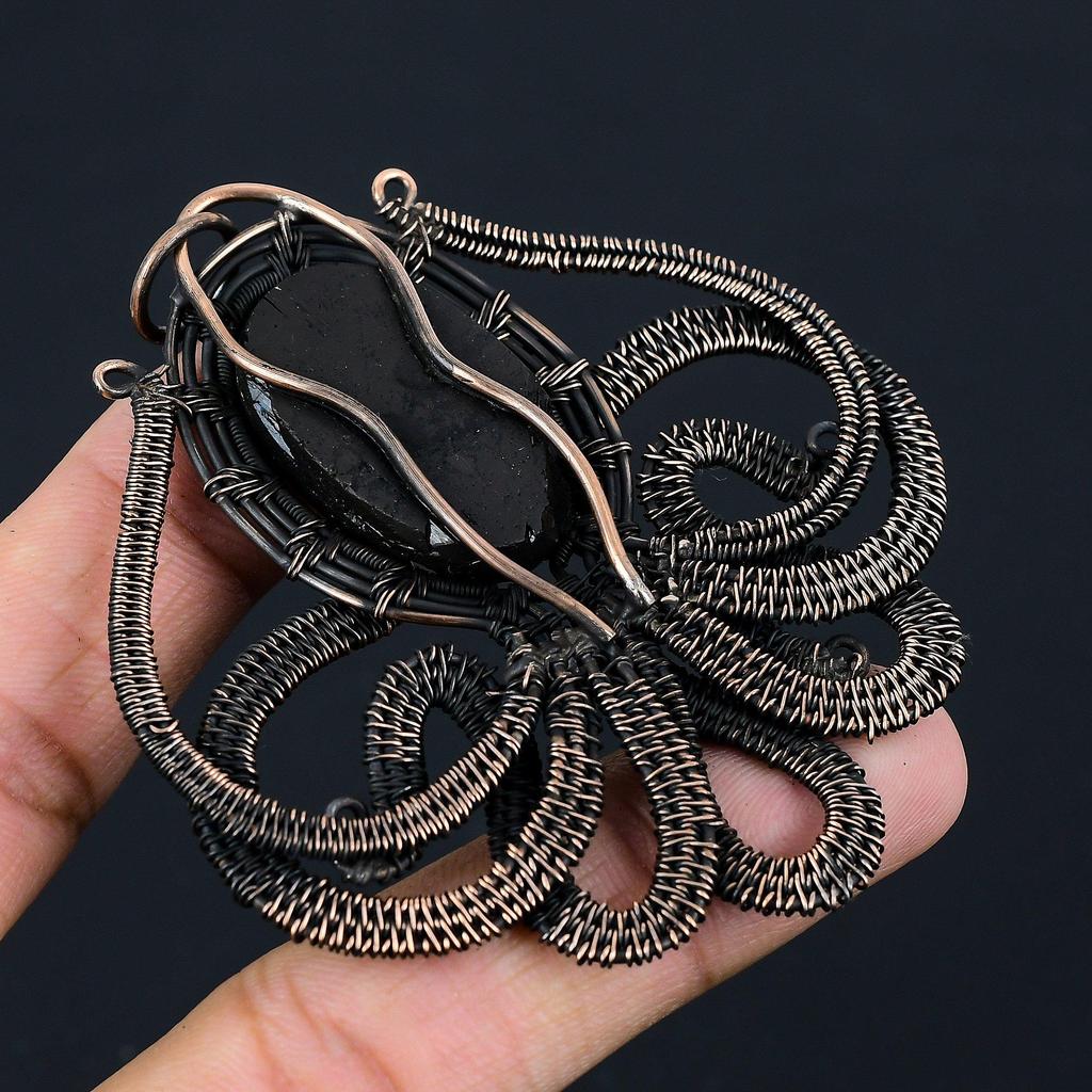 Black Tourmaline Octopus Shape Gemstone Jewelry Pure Copper Wire Wrapped Handmade Pendant For Her