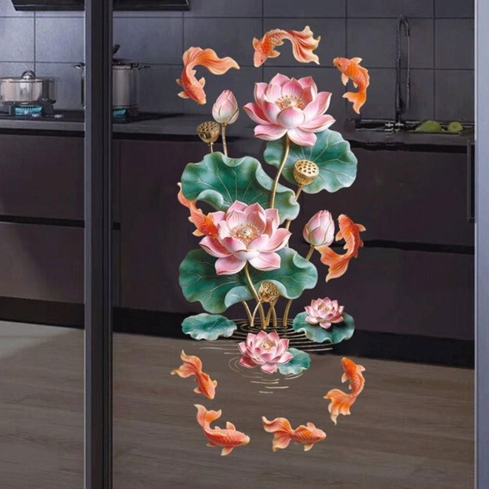 Anti Static Flower Koi Sticker PVC Semi Transparent Golden Lotus Wall Sticker Waterproof 3D Effect Window Decoration Sticker