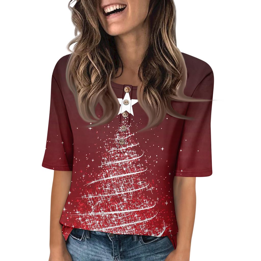 Shirts For Women Trendy Round Neck Button T Shirts Printed Blouse Half Sleeve Tops For Women