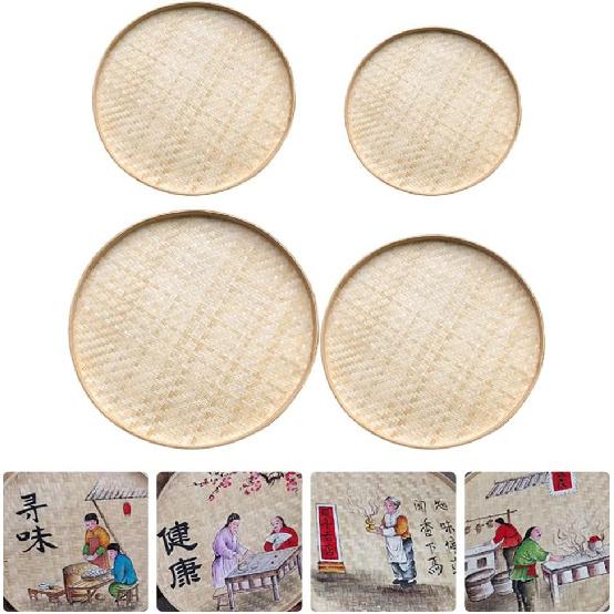 4 Pcs Handwoven Flat Wicker Round Fruit Basket Woven Food Storage Weaved Shallow Tray Organiser Vegetable Fruit Bowl DIY Drawing Board Wall Basket
