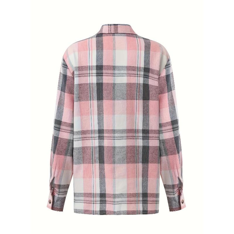 [Pink Plaid Shirt] Lightweight Breathable Pink Plaid Shirt | Women's Casual Short Sleeve Summer Top with Collar - Button-Up Blouse