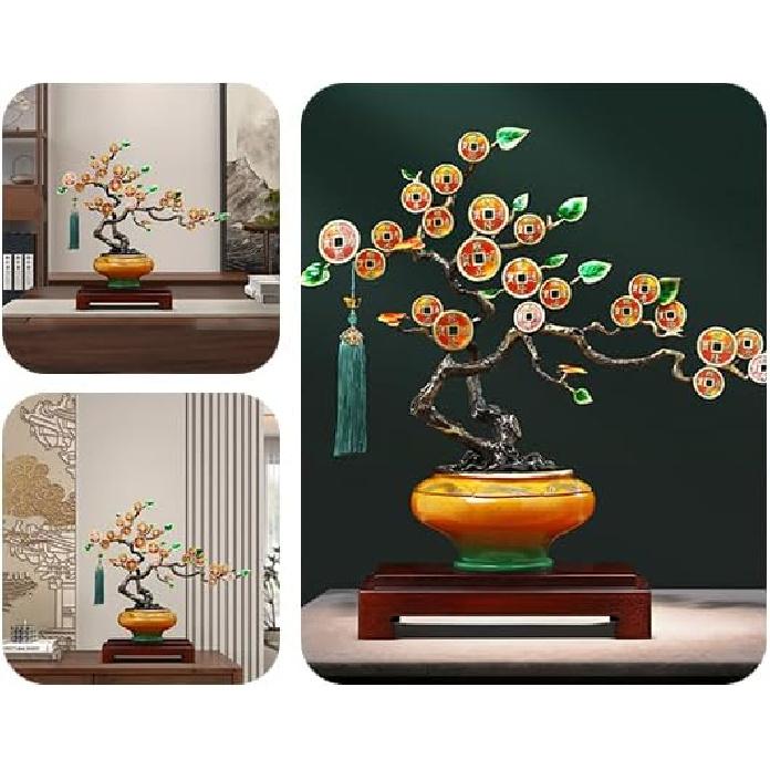 Aris & Juno Hand-Painted Copper Money Tree Sculpture, Traditional Chinese Wealth & Prosperity Symbol Statue, Feng Shui Office Desk Home Living Room