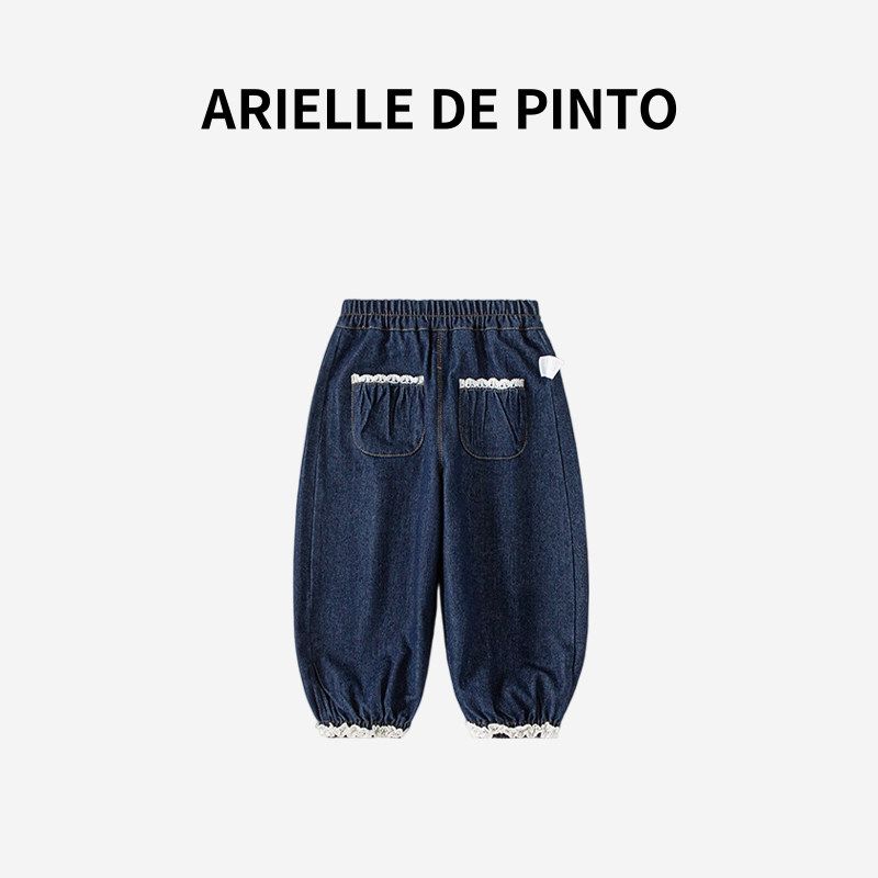 French Arielle De Pinto Girls  Pants, Spring and Autumn Style, Stylish Lace-Trimmed Jogger Pants, Casual Long Pants for Girls Cowboy Blue 120