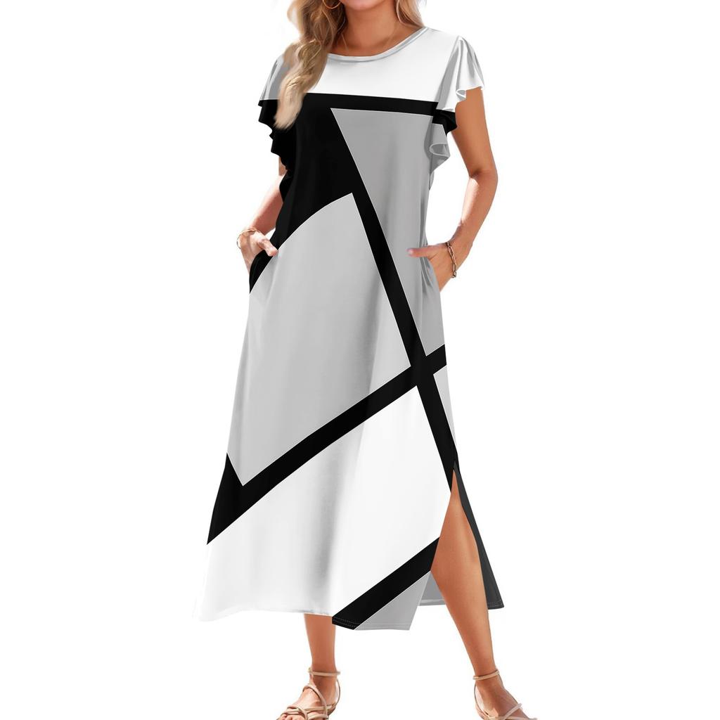 Ladies' Fashionable Summer Casual Pleated Sleeves, Loose Color Block Patchwork Printed Short-sleeved Round Tie Pocket Beach Dress
