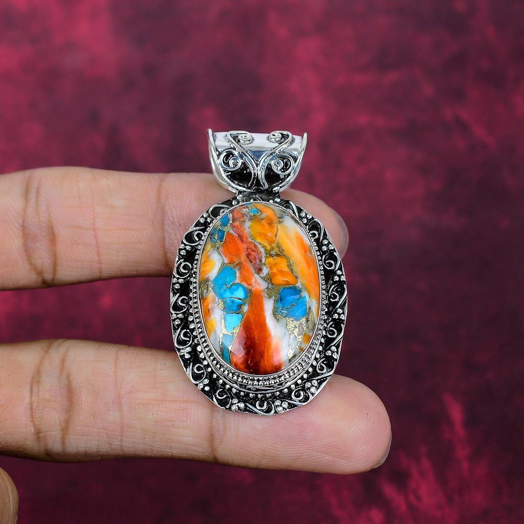 Orange Spiny Oyster Handmade Gemstone Pendant, 925 Solid Sterling Silver Pendant, For Thanksgiving