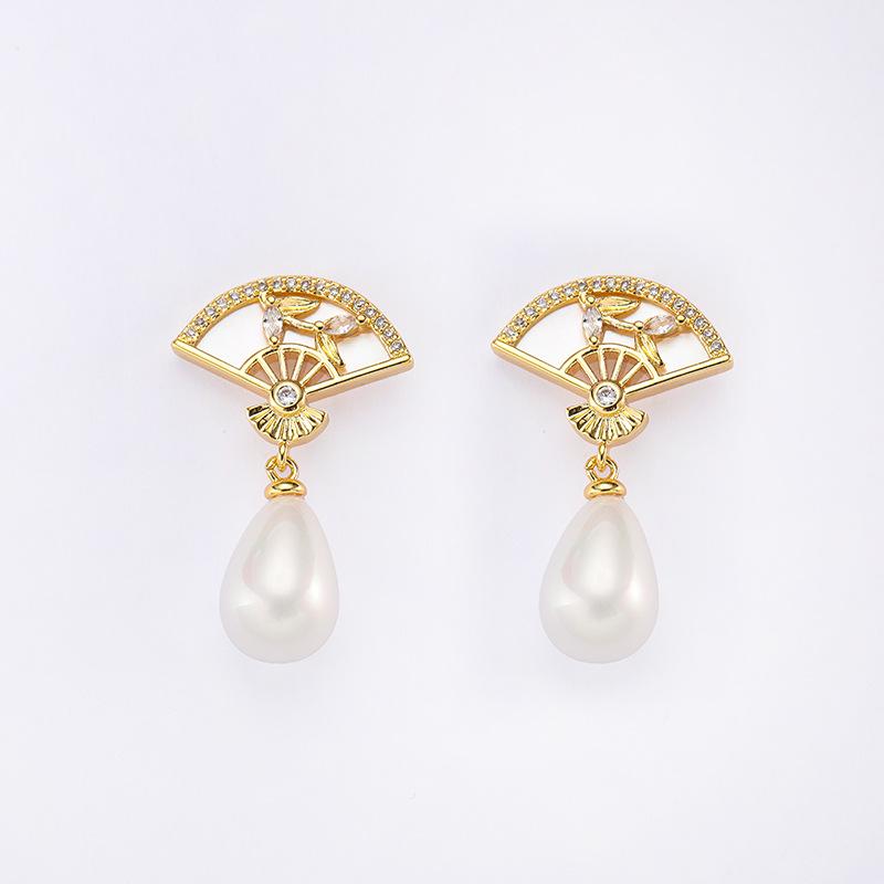 14k Gold-Plated Mother of Pearl Earrings with Zircon, Traditional Qipao Style