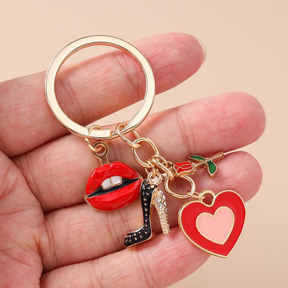 Aihua Elegant Brand Design Red Lips Highheels Perfume Lipsticks Keychains For Women Girls Handbag Pendant Keyrings Jewelry Gift