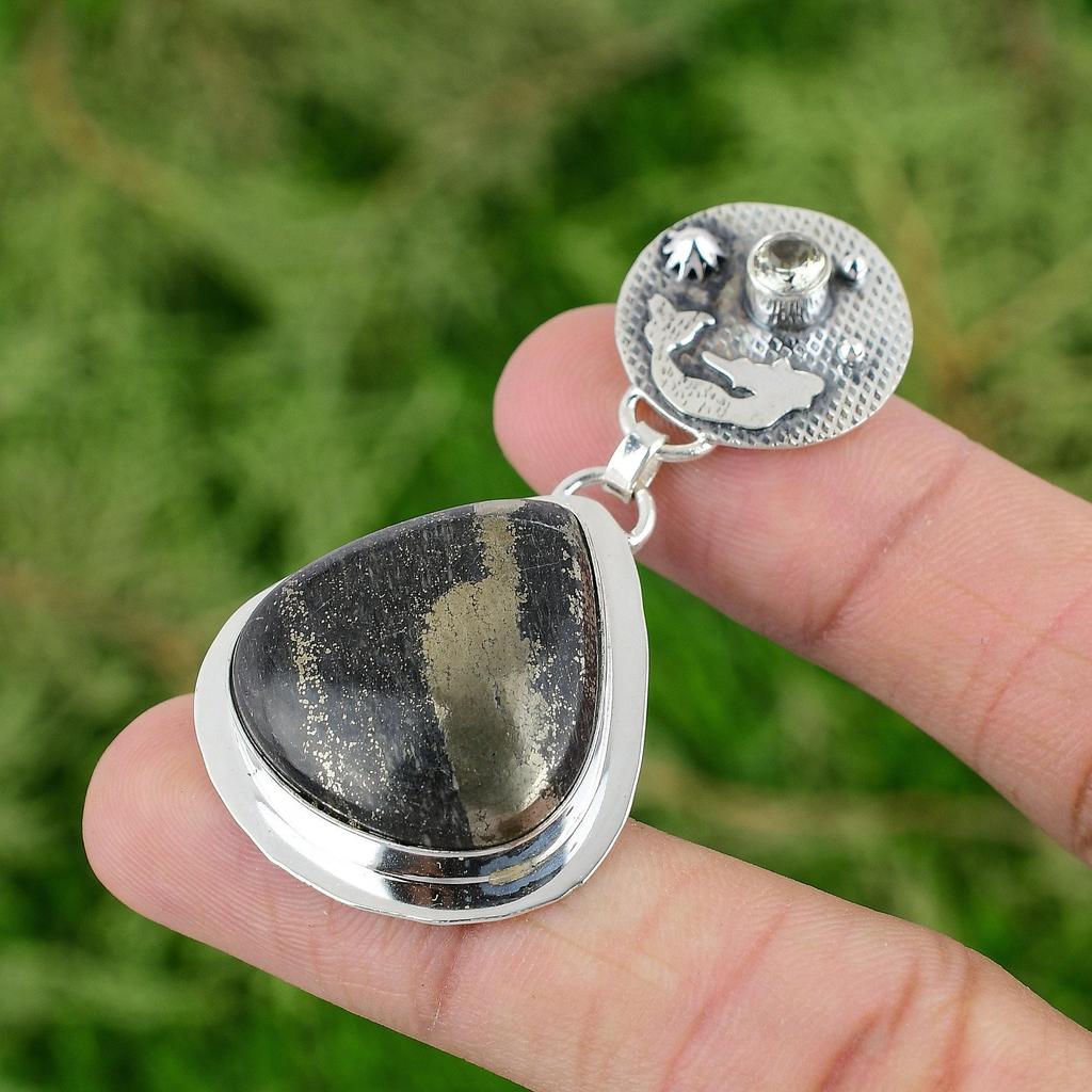 925 Sterlingsilber Pyrit Edelstein Grüner Amethyst Lünette Meerjungfrau Anhänger Schmuck